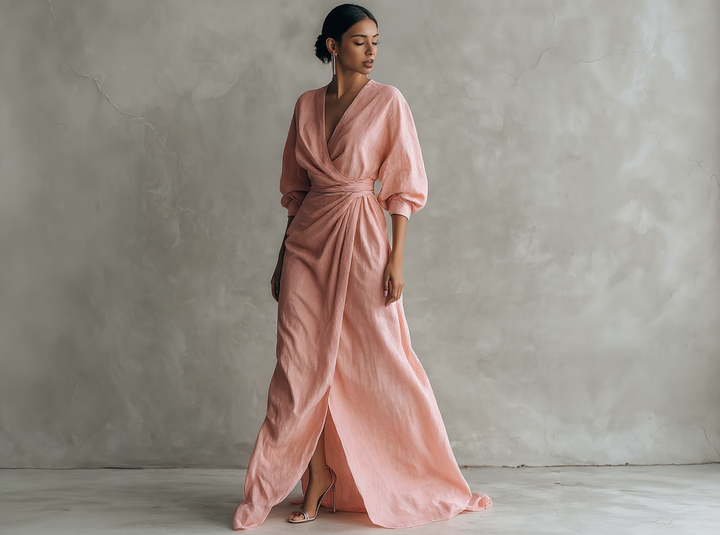 Emma - Minimalist Pink Linen-Blend V-Neck Dress