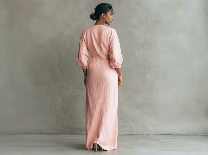 Emma - Minimalist Pink Linen-Blend V-Neck Dress