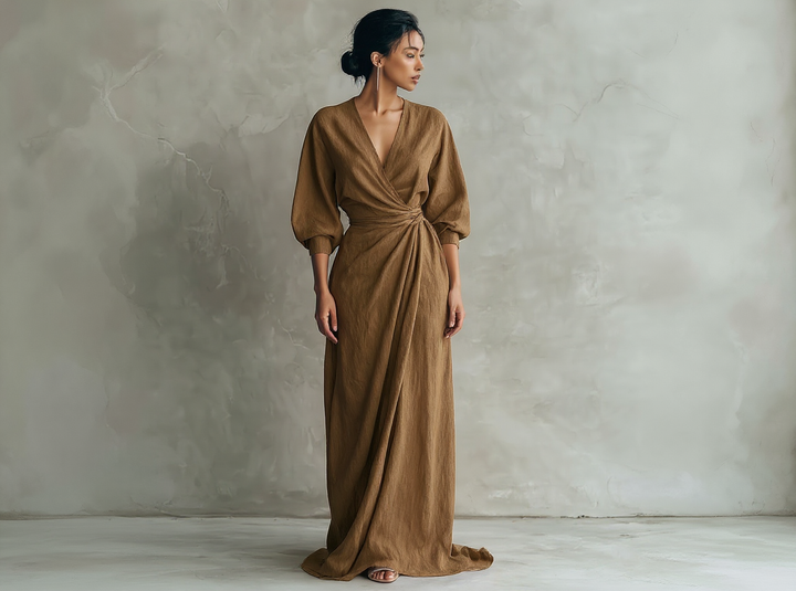 Emma - Minimalist Pink Linen-Blend V-Neck Dress