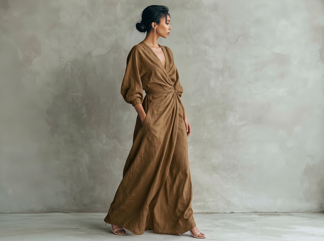 Emma - Minimalist Pink Linen-Blend V-Neck Dress