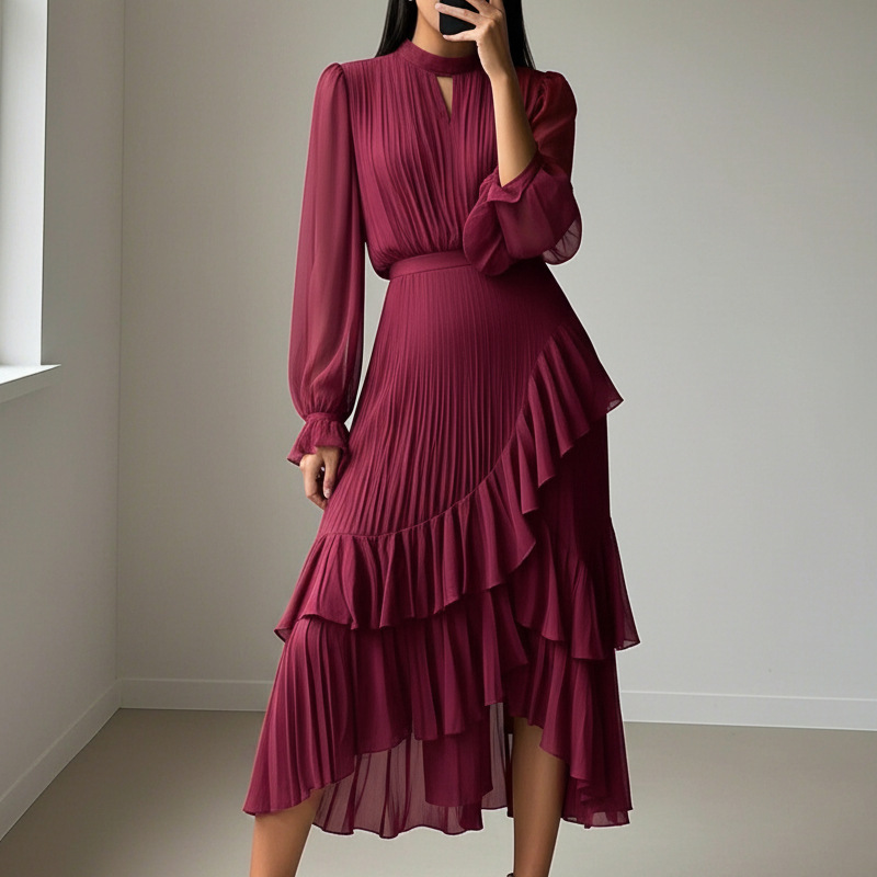 Camilla - Elegant Pleated Midi Dress with Ruffles