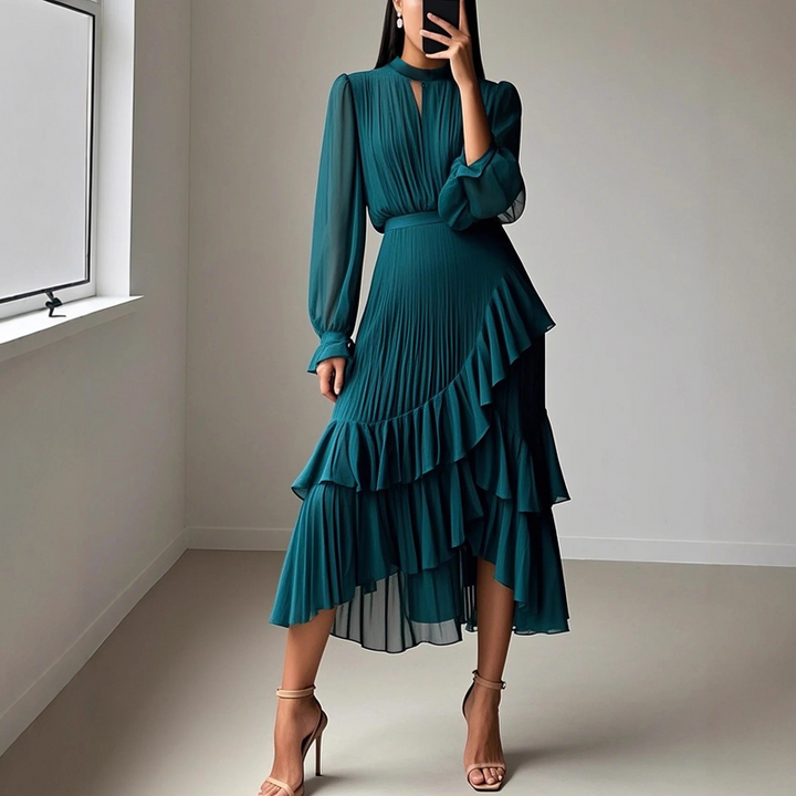 Camilla - Elegant Pleated Midi Dress with Ruffles